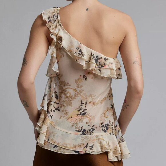 NWT UO Kimchi Blue Chloe Asymmetric Beige One Shoulder Blouse - Picture 2 of 5